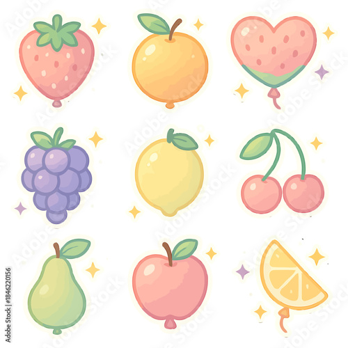 Cute cartoon fruit icons set with strawberry orange grapes lemon cherries.