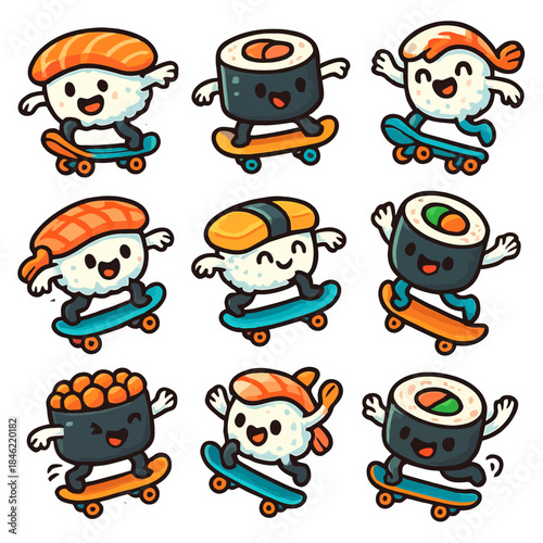 Cute sushi characters on skateboards with playful expressions.