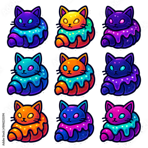 Colorful jelly cats with neon glaze patterns.