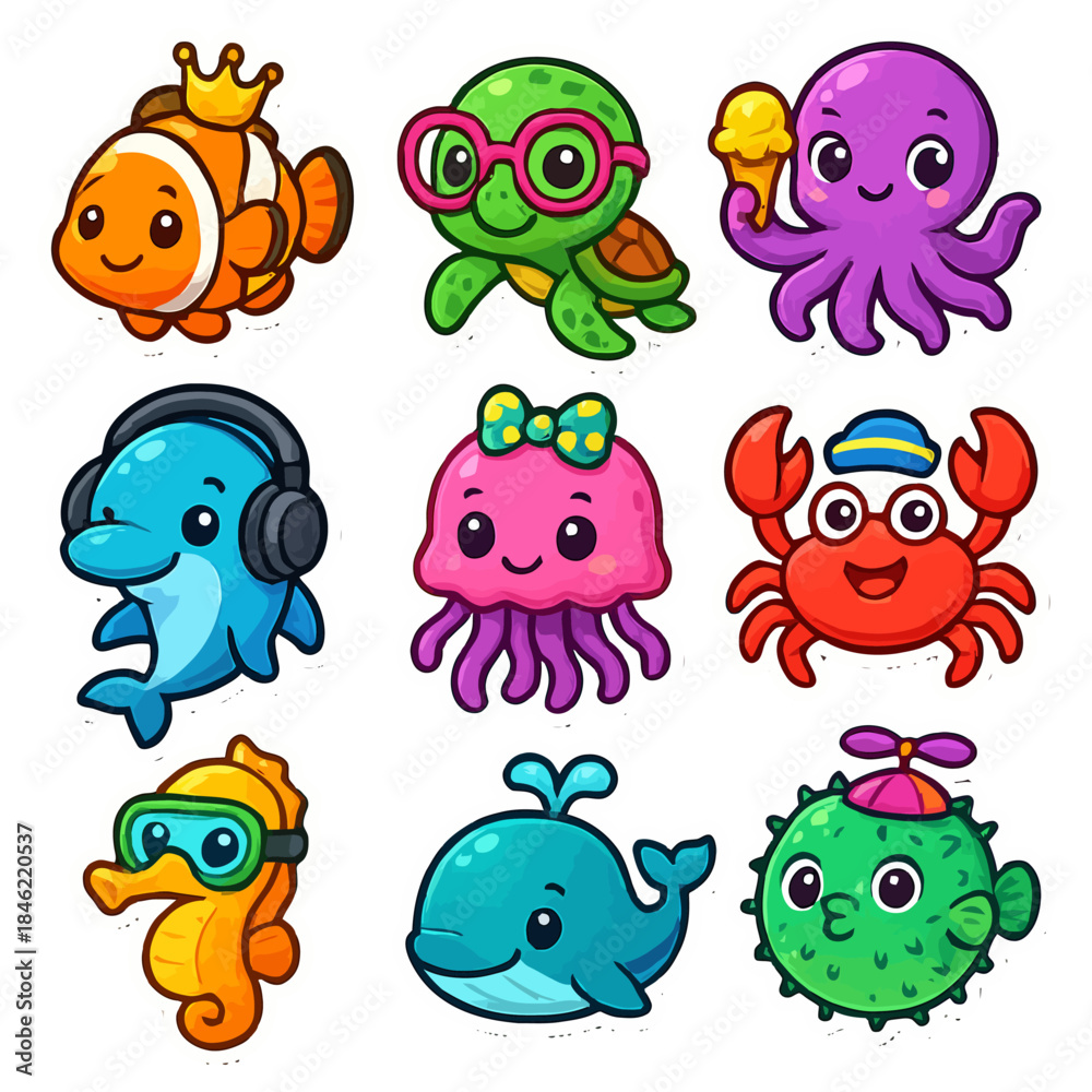 Naklejka premium Playful cartoon sea creatures with accessories.