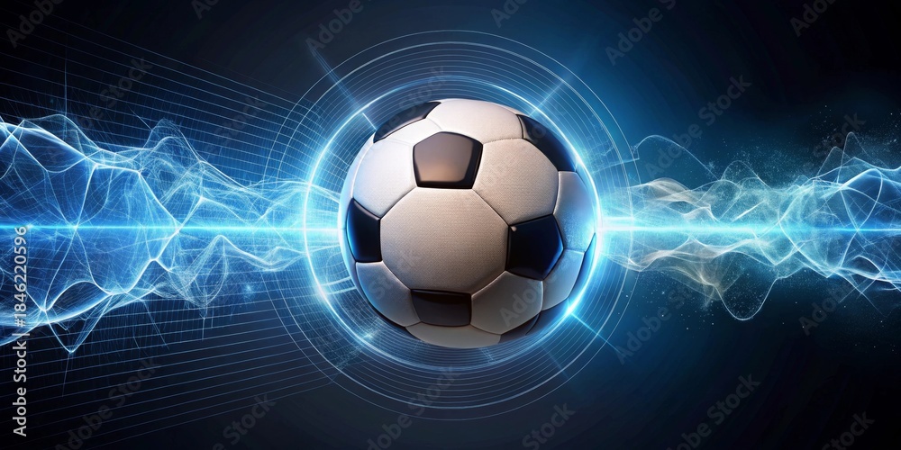 Naklejka premium Futuristic Soccer Ball Enveloped by Dynamic Energy Waves and a Technological Interface