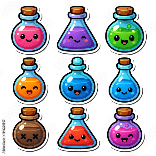 Colorful cartoon potion bottles with faces and cork stoppers on white background.