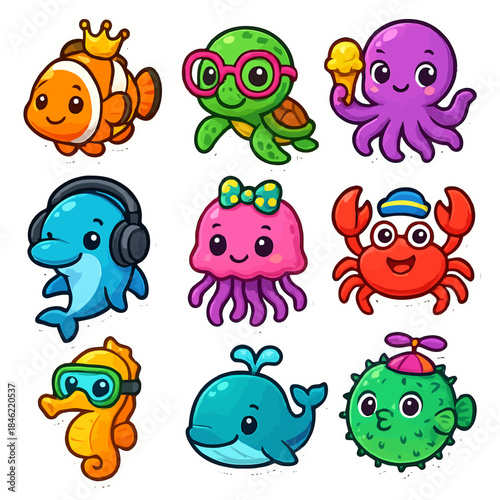 Playful cartoon sea creatures with accessories.