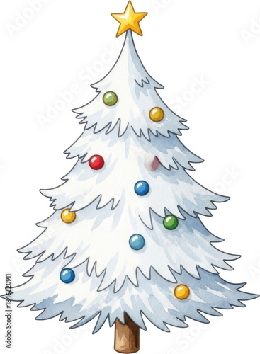 Beautiful white christmas tree decorated with colorful baubles and golden star isolated on transparent background