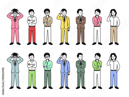 オールバック、短髪、パーマなど多様なヘアスタイルと、暖色系・寒色系で色分けされた服装で表現された、悩むポーズの男性キャラクターセット、ビジネスやライフスタイルにおける思索を表すベクターイラスト