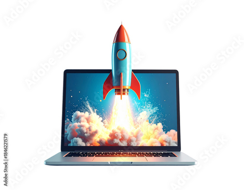 Rocket launch on laptop screen isolated on transparent background