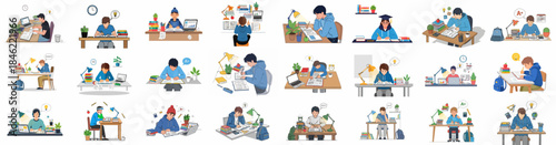 Collection of flat vector illustrations depicting diverse students studying, working hard on homework, and achieving academic goals.