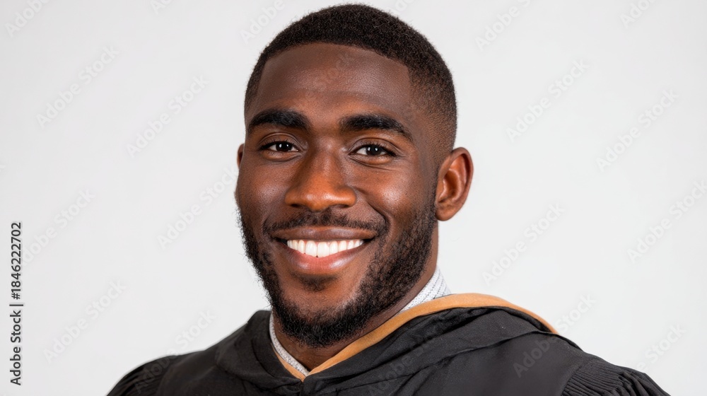 Obraz premium Joyful young man celebrates graduation in cap and gown showing pride and happiness in studio.