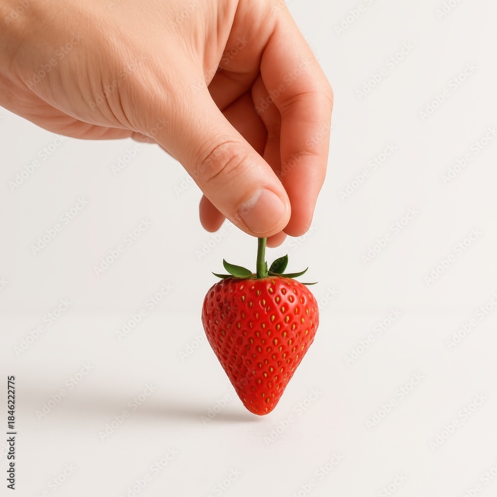 Obraz premium Adult hand holding single ripe strawberry by the green stem above white surface detailed seeds and glossy skin fresh fruit concept for healthy diet snack dessert and food styling