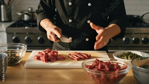 Chef slicing raw meat on a cutting board in a professional kitchen.