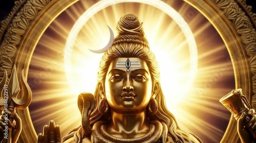 Lord shiva standing radiating golden light in a blessing pose for maha shivratri festival worship