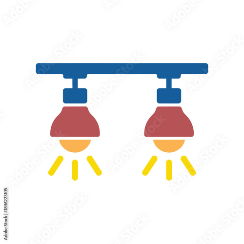 Dual ceiling mounted track lighting fixture with directional spotlights colored lightbulbs illuminating interior space colorful icon