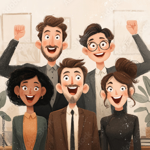 A group of people are smiling and holding up their hands in the air. The image is a cartoon drawing of a group of five people, including a man and a woman, all wearing suits