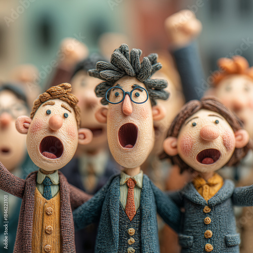 A group of cartoon characters are standing together, with one of them making a loud noise. The scene appears to be a protest or a rally, with the characters holding up signs and shouting