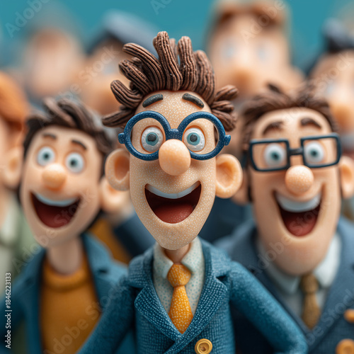 A group of cartoon characters are smiling and wearing glasses. Scene is happy and lighthearted