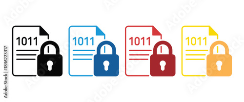 Encrypted digital document file vector icon set showing data protection and cybersecurity with locked padlock symbol