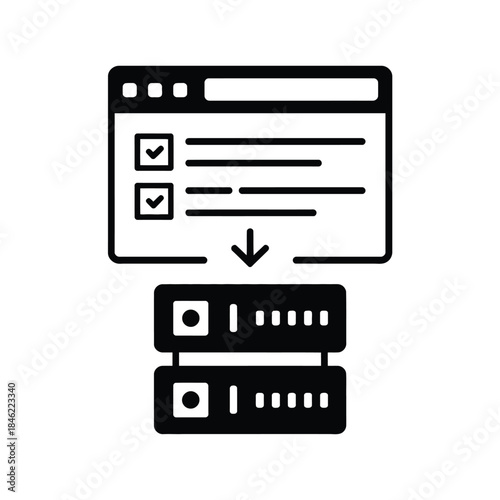 Web form data transfer vector icon showing user input submission from browser interface to server database storage