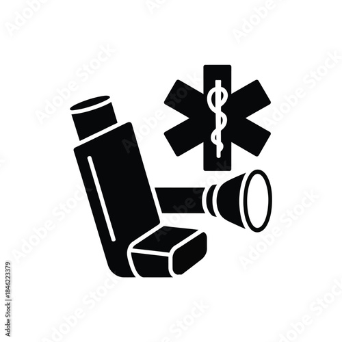 Asthma inhaler medication device pictogram shown beside medical star of life emergency symbol representing respiratory health care vector illustration