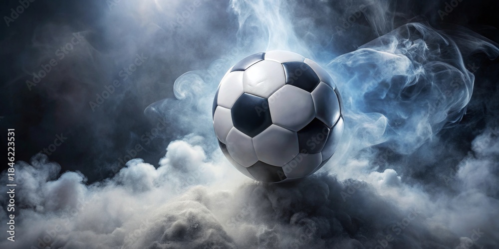 Fototapeta premium A soccer ball dramatically emerges from a swirling cloud of smoke, a powerful image symbolizing the intensity and excitement of the game.