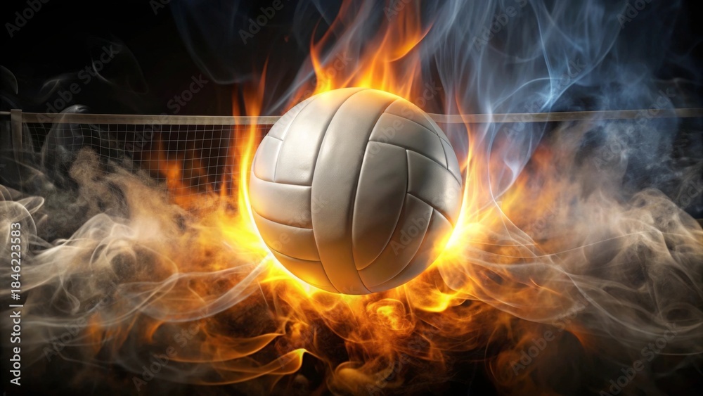 Obraz premium Fiery Volleyball Soaring Through Smoke and Net A Dynamic Action Shot