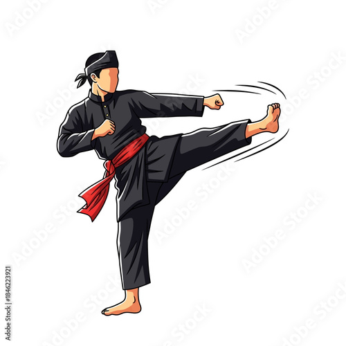 Martial arts practitioner in black uniform executing a powerful kick, showcasing discipline and athleticism
