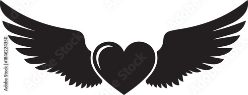 Black silhouette of a heart with angel wings spread wide