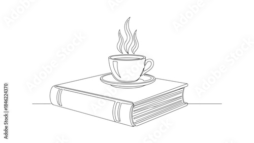 A single continuous line drawing depicts a steaming cup of coffee resting on a closed book.