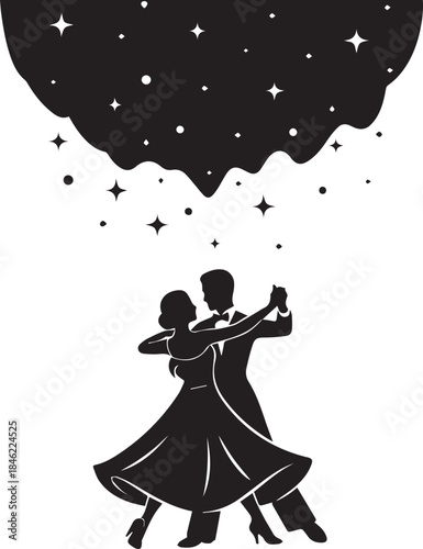Elegant silhouette of a couple dancing under a starry sky