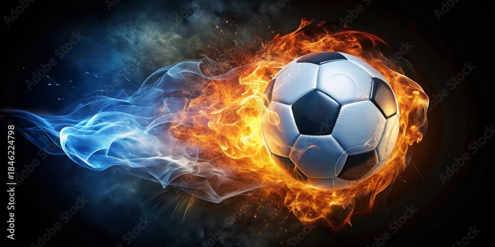 Fototapeta premium Fiery Soccer Ball Surrounded by Blazing Orange and Cool Blue Flames, a Dynamic Image Perfect for Sports-Themed Designs and Projects