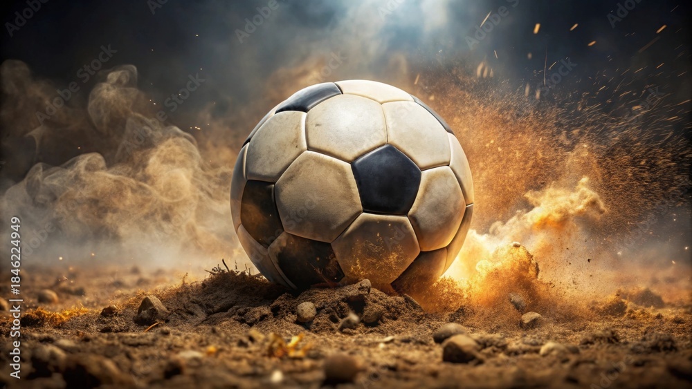 Fototapeta premium A weathered soccer ball explodes into a cloud of dust and sparks, leaving a fiery trail in its wake.