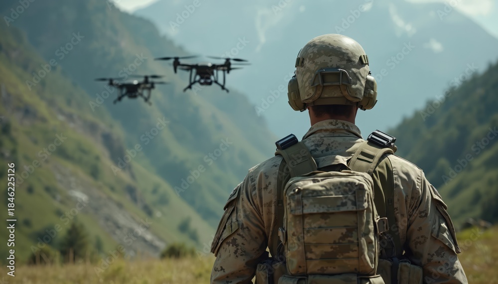 Naklejka premium Soldier watches drones fly over rugged mountains. Military personnel uses tech for recon. Drones provide aerial view, gathering. Combat mission, remote operation.