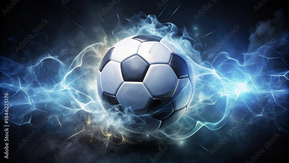 Fototapeta premium A Dynamic Soccer Ball Enveloped in Energetic, Mystical Blue Smoke and Glowing Particles, Representing the Power and Excitement of the Sport