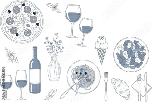 A detailed gourmet hand-drawn sketch set featuring cafe drinks, desserts, cured meats, and fine wine, perfect vector elements for bistro menus, recipe cards, and vintage culinary design.