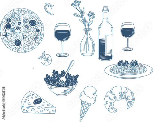 A beautiful hand-drawn sketch vector set in blue ink featuring Italian cuisine, including pizza, pasta, wine, cheese, and a croissant, ideal for restaurant menus and culinary art.