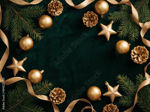 Elegant Christmas flat lay with golden ornaments, pine branches, and dark green background
Luxury holiday mockup frame with festive decorations and empty copy space
