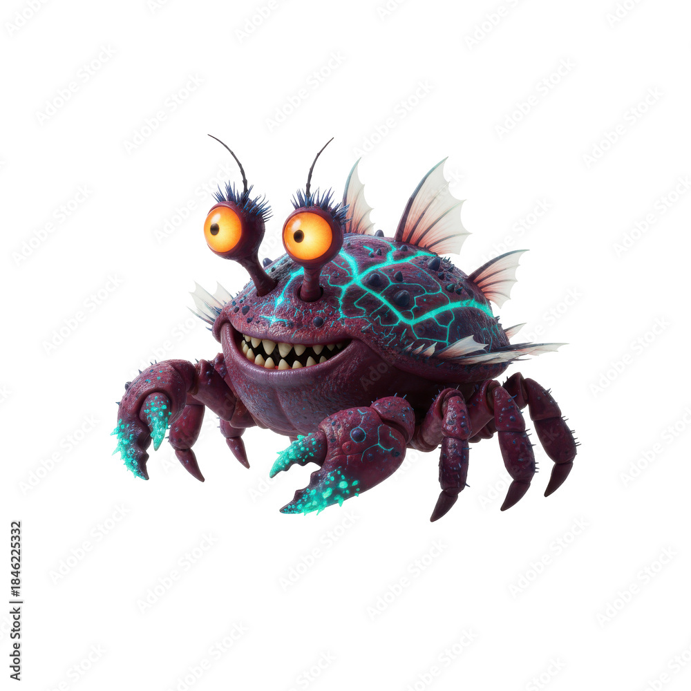 Fototapeta premium Whimsical animated crustacean character with vibrant glowing accents on a transparent background