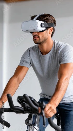 A fit male uses a VR headset while pedaling on a stationary bike, blending physical exercise with digital simulation. Innovative technology transforms traditional indoor cycling routines