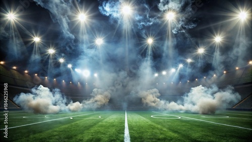 A Dramatic Stadium Scene  Empty Field, Bright Lights, and Swirling Smoke, Ready for the Big Game