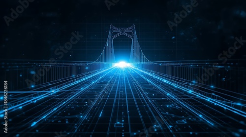 Futuristic Digital Network Bridge with Glowing Data Lines and Technology Background