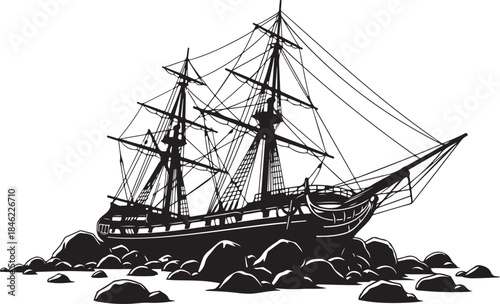 Historical ship on rocky terrain
