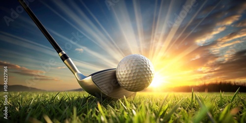 A Golf Club About to Strike a Golf Ball at Sunset on a Lush Green Course