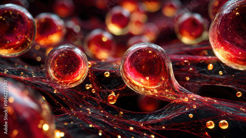 Microscopic view of living cells interacting in a vibrant, complex biological network with glowing energy particles