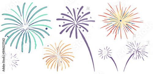 A collection of twelve individual fireworks explosions, depicted against a transparent, checkered background. Each firework varies in shape, size, and color palette. Colors range from blues, greens, p