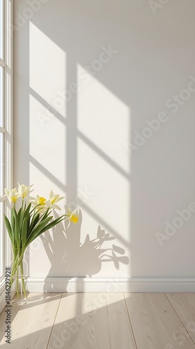 Minimalist Interior with Sunlight Window Shadow and Fresh Flowers Vase