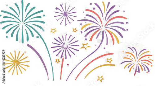 A collection of twelve individual fireworks explosions, depicted against a transparent, checkered background. Each firework varies in shape, size, and color palette. Colors range from blues, greens, p