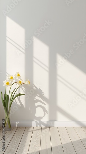 Minimalist Interior with Sunlight Window Shadow and Fresh Flowers Vase