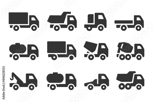 Silhouette icons of various trucks and construction vehicles.