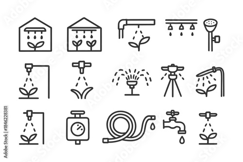 Line icons of irrigation systems and gardening tools for efficient plant care.