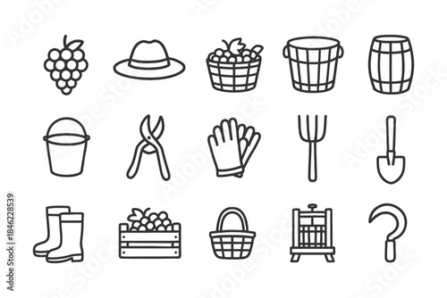 Winemaking tools and symbols: icons of grapes, basket, barrel, tools for vineyard harvesting.