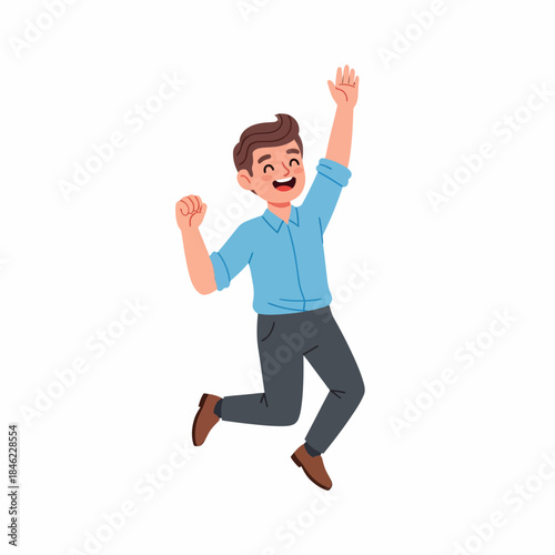 Happy Man Jumping with Arms Raised Up.
